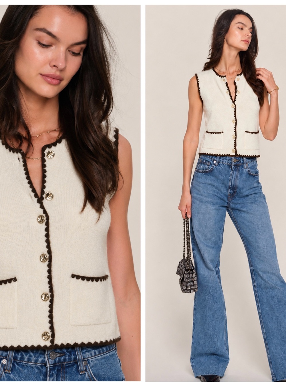 Song of Style Cream Knit Sleeveless Vest with Brown Trim
